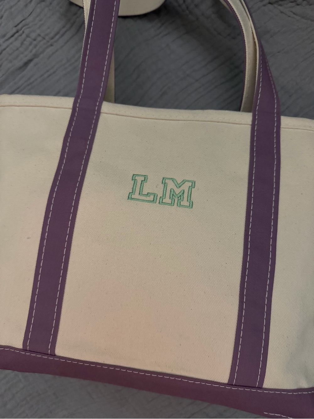 L.L. Bean boat& Tote with Lavender Trim and long Handles - Picture 2 of 7